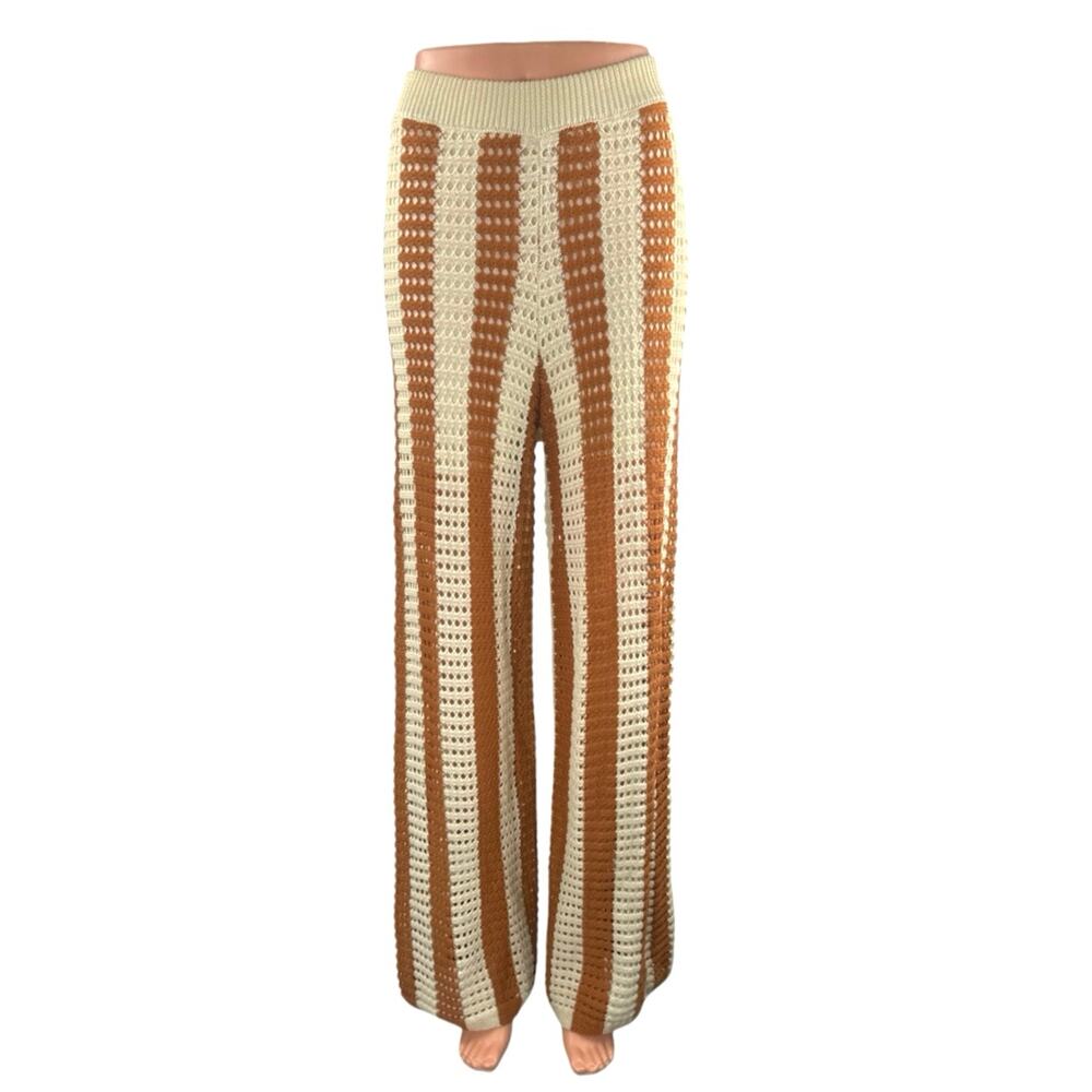 Solitaire Beige Tan Stripe Crochet Open Knit High Rise Wide Leg Trousers Pant XL